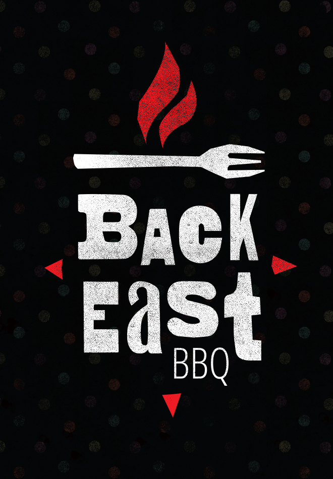 Back East BBQ logo with fork logo, flame and compass points.