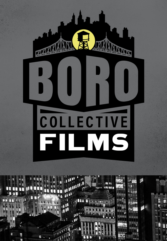 Boro Collective Films logo design with watertower, Queens Bridge & NYC skyline.