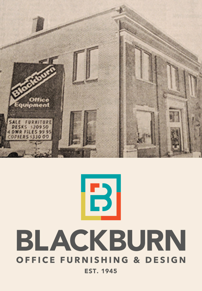 Blackburn Office Furnishing & Design logo with historic building & sign photo above.